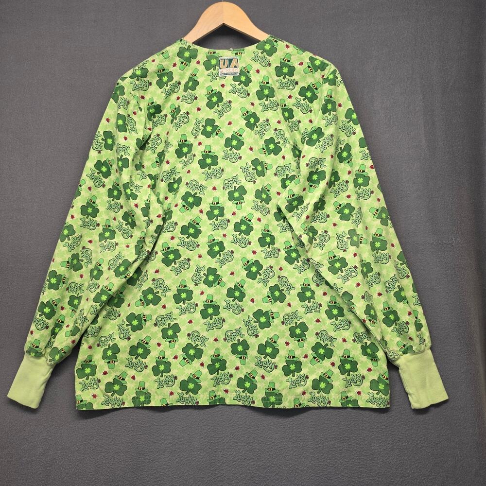 St Patricks Day Scrub Top Jacket Womens XL Shamrock Leprechaun Long Sleeve - Picture 2 of 7